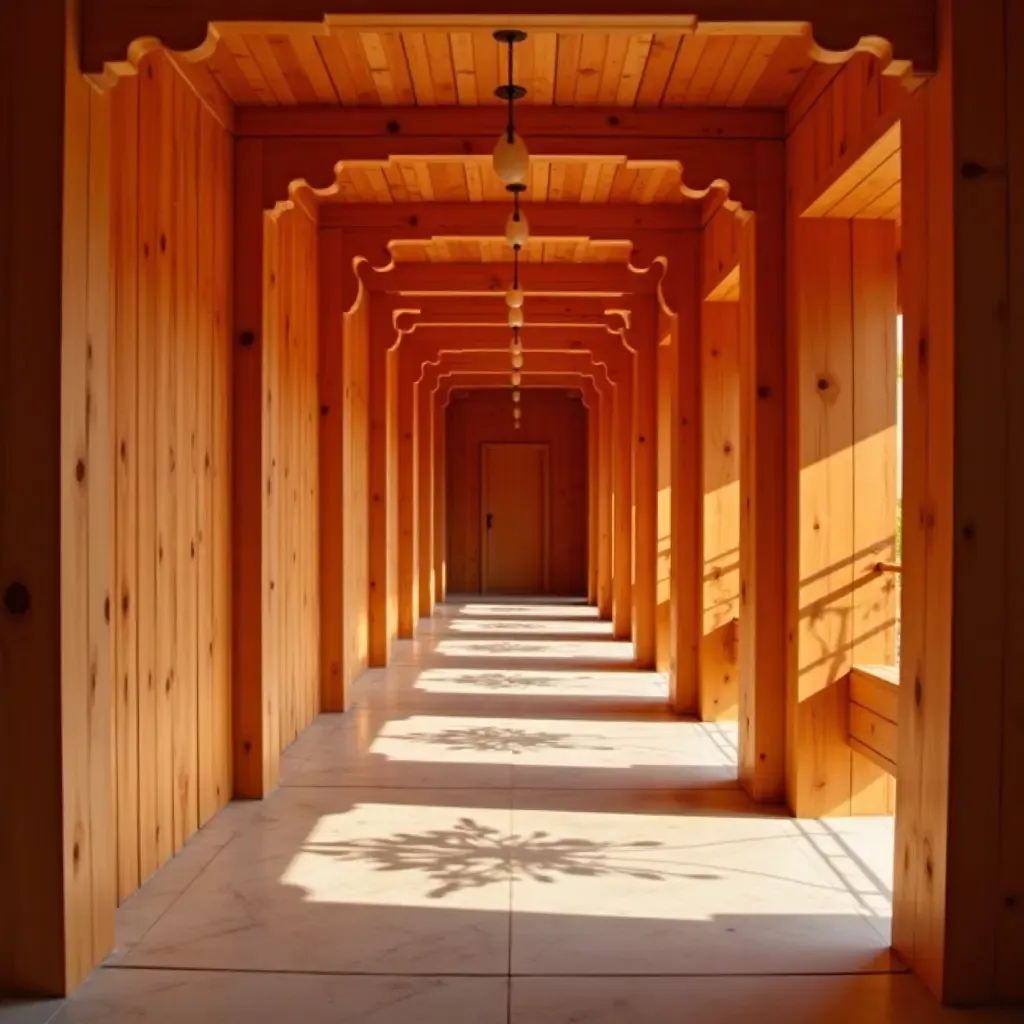 a photo of a corridor with wooden ceiling and warm colors