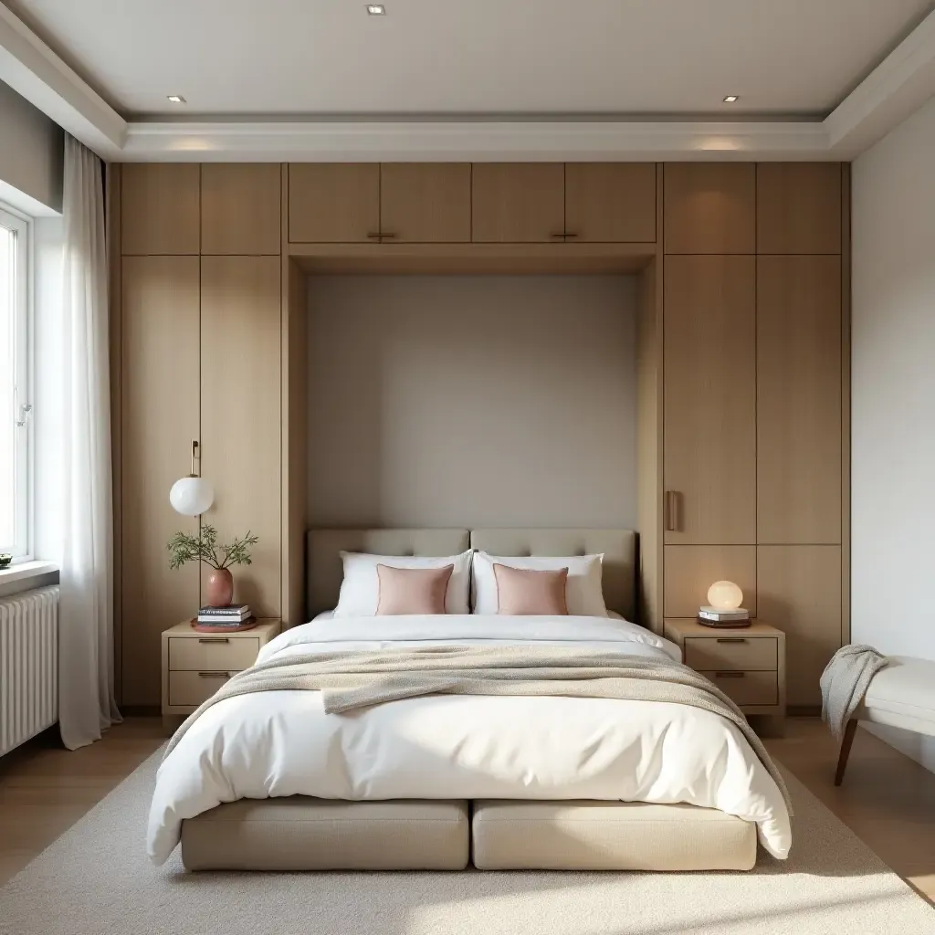 a photo of a multifunctional bedroom with a murphy bed and seating area