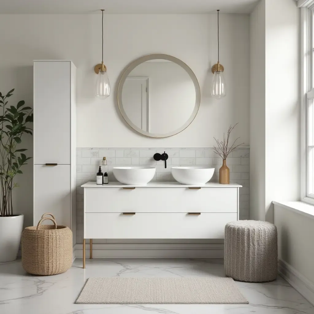 a photo of a bathroom featuring a stylish storage ottoman