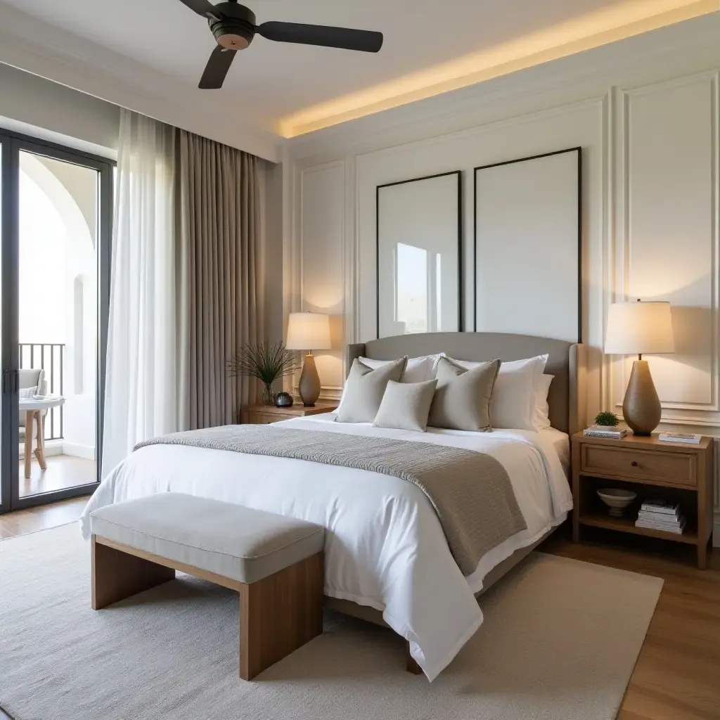 a photo of a stylish bedroom with a mix of modern and traditional Mediterranean elements