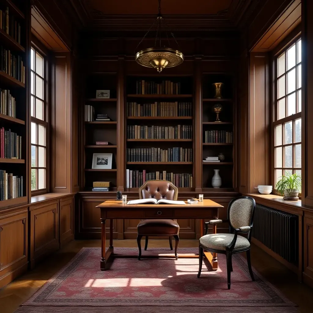 a photo of a library with an antique writing desk and natural light