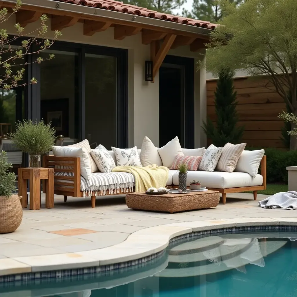 a photo of a cozy outdoor lounge by the pool with soft blankets and rustic decor