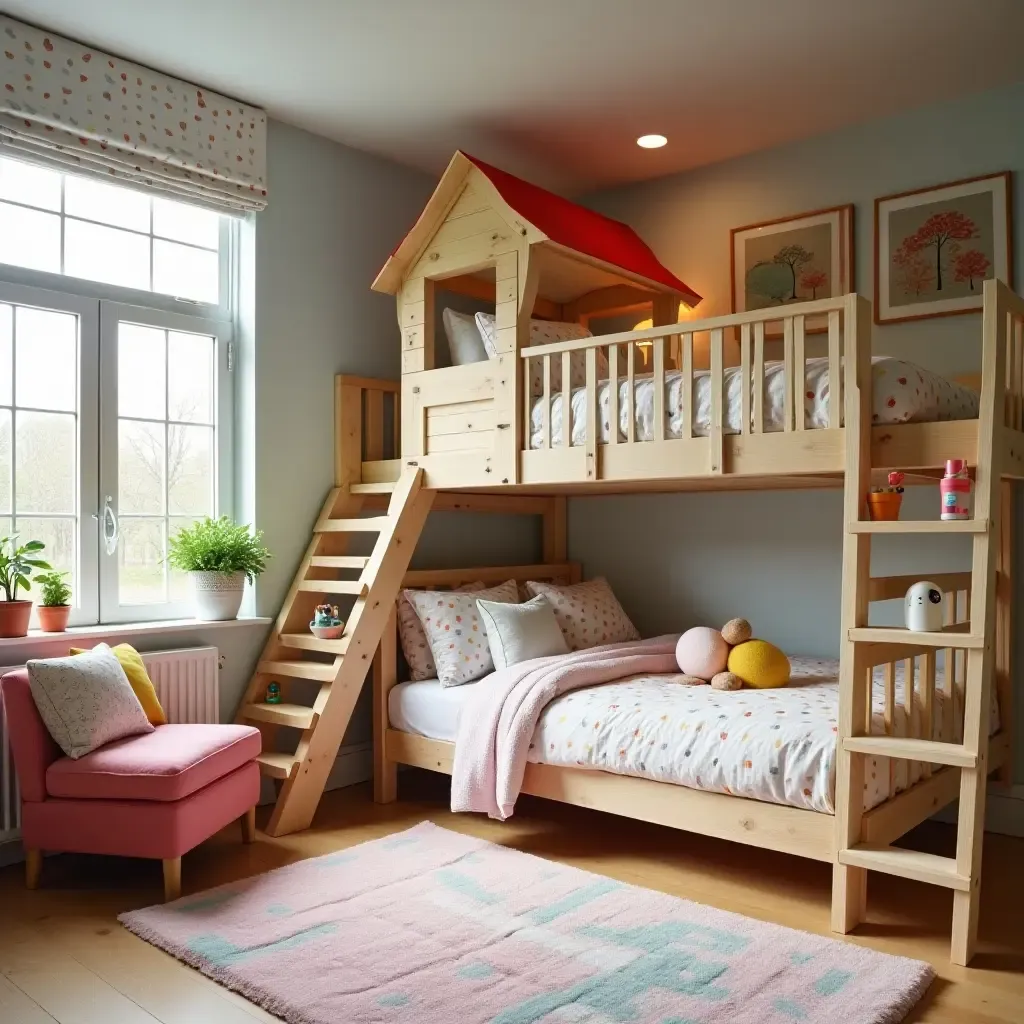 a photo of a playful shared bedroom with a treehouse bed and colorful accents