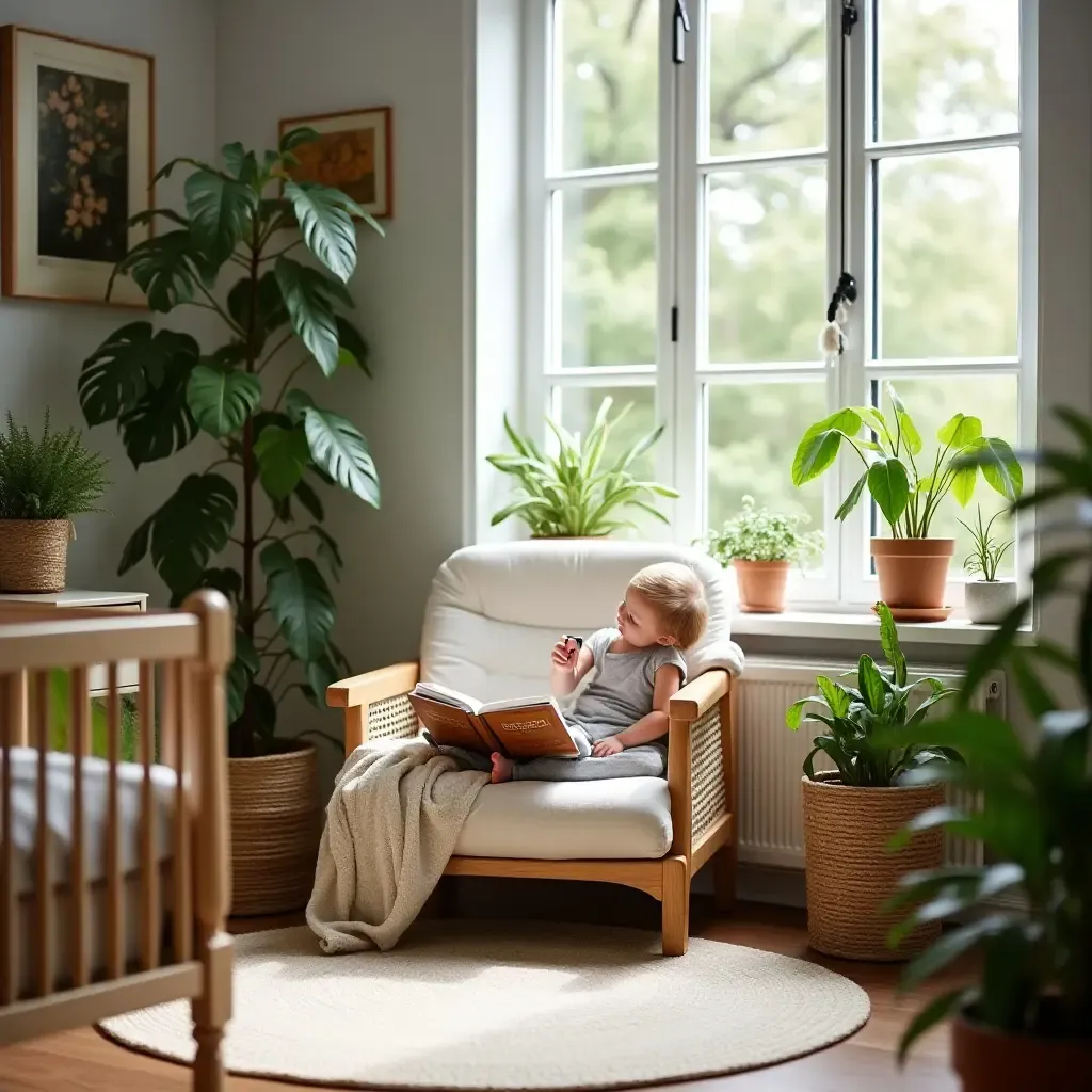 a photo of a nursery with a cozy reading nook surrounded by plants