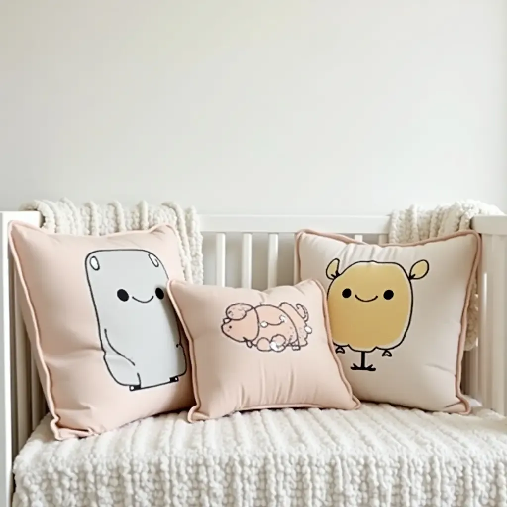 a photo of a nursery decorated with throw pillows featuring cartoon characters