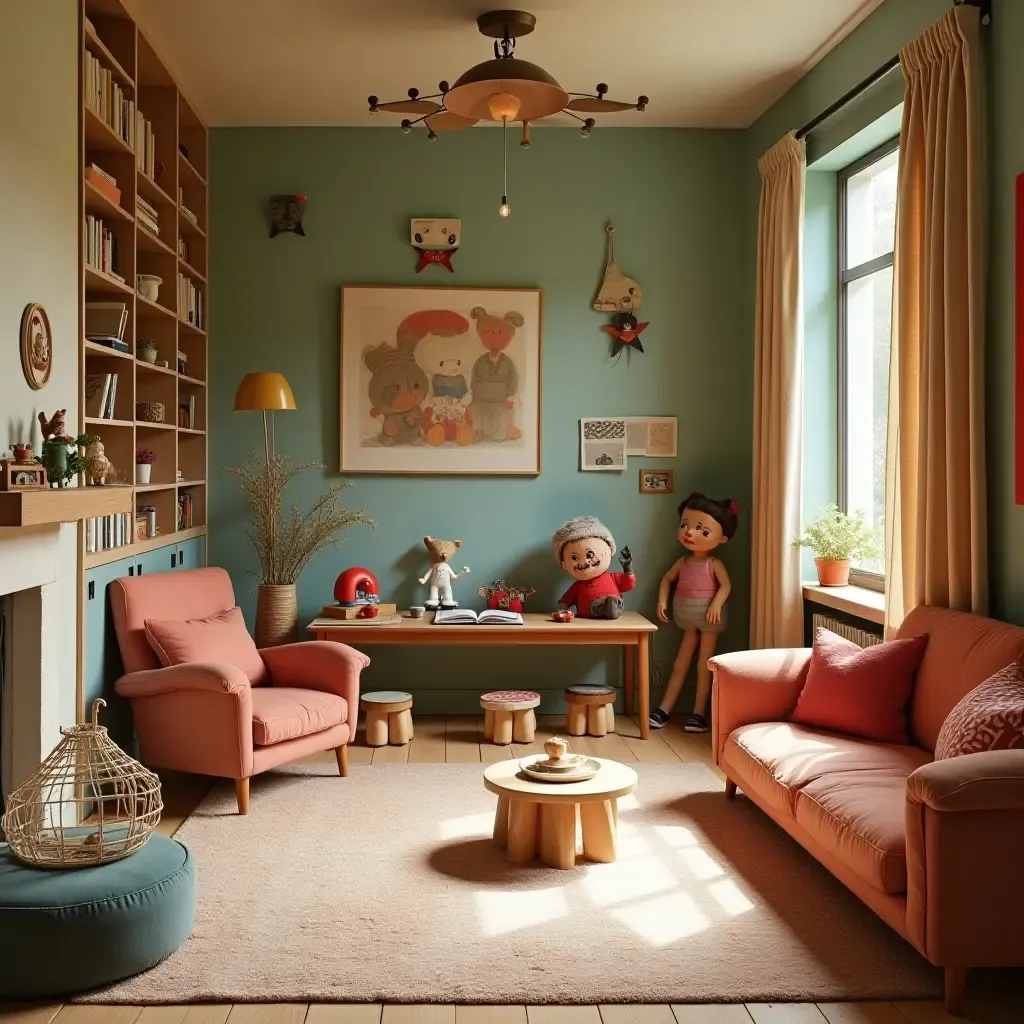 a photo of a whimsical play area combining vintage toys with modern design elements