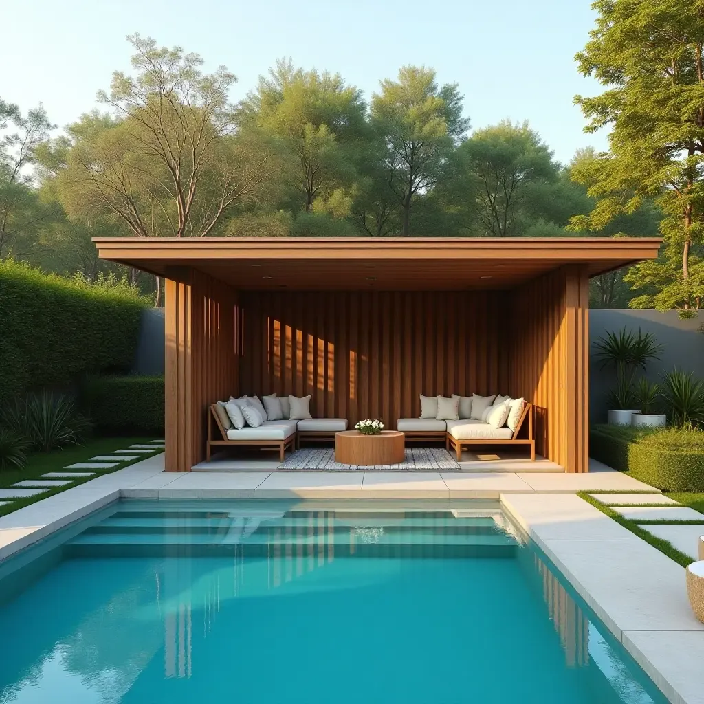 a photo of a serene poolside scene with a wooden gazebo and cozy seating