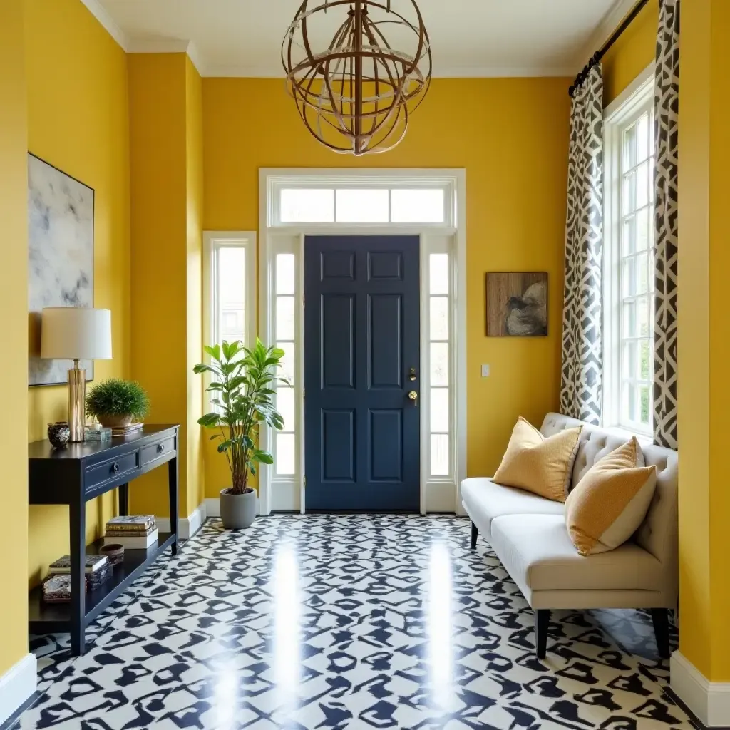 a photo of a dynamic yellow and navy entryway with geometric patterns