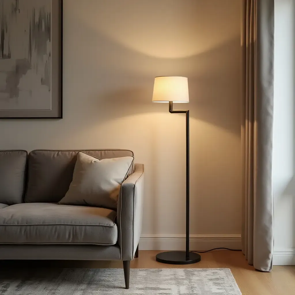 a photo of a small living room featuring a stylish floor lamp