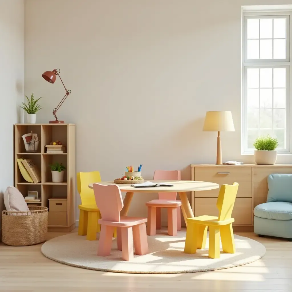 a photo of a playful workspace for kids with colorful furniture and educational tools