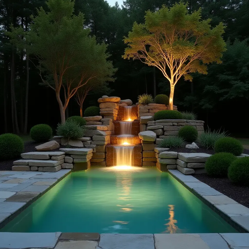 a photo of a small pool featuring a waterfall for ambiance