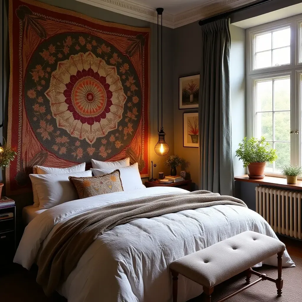 a photo of a bohemian bedroom with a tapestry backdrop and eclectic decor