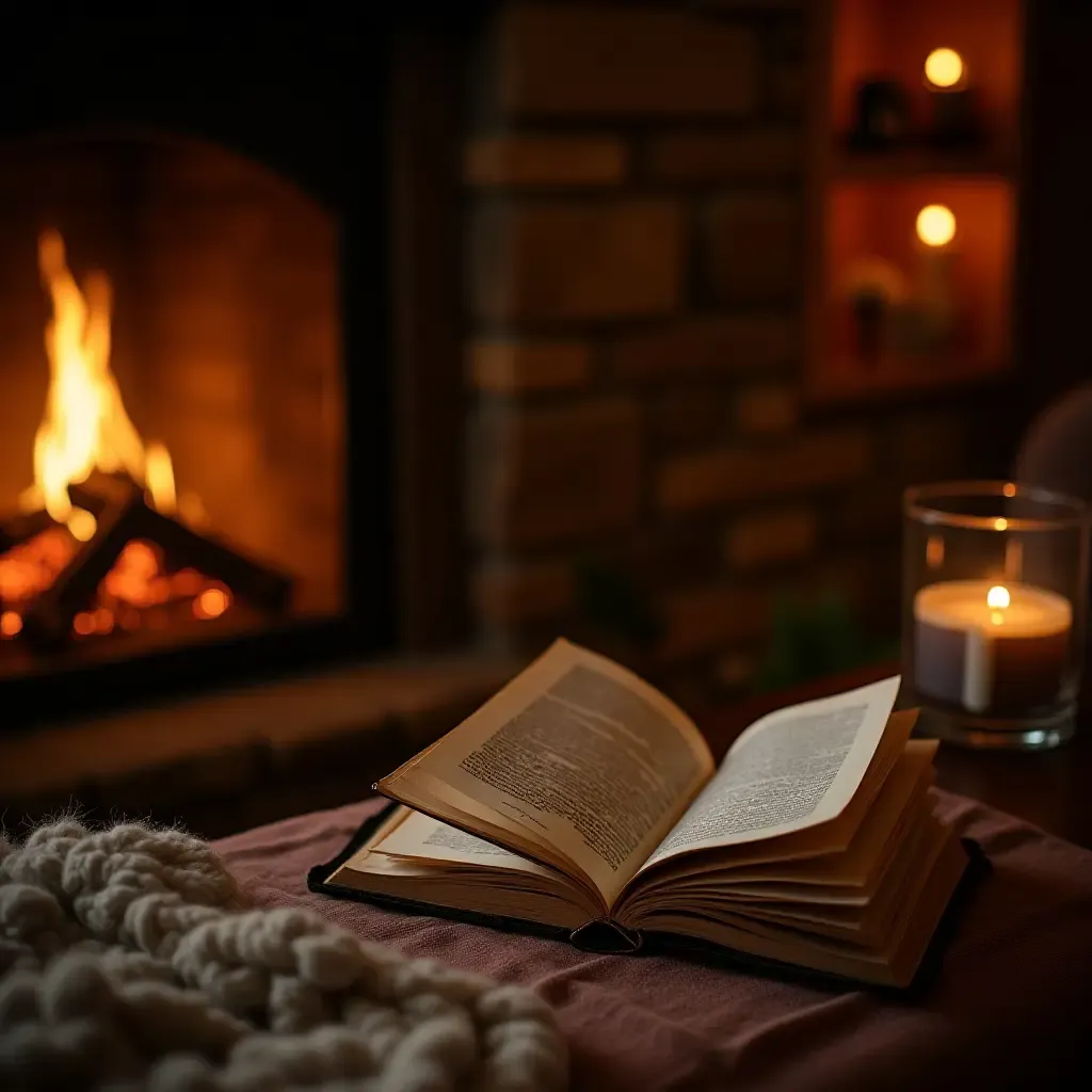 a photo of a cozy reading space with a fireplace and warm lighting