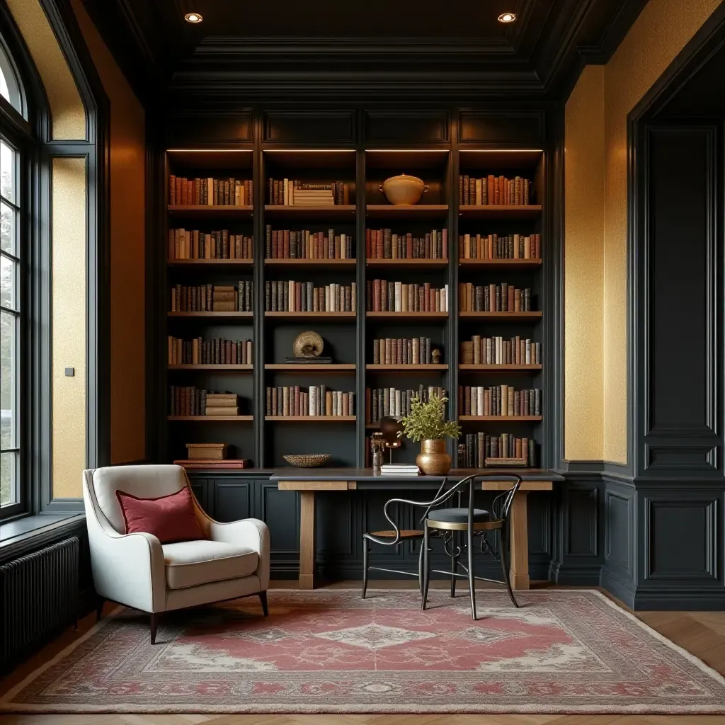 a photo of a home library with gold leaf details on the walls