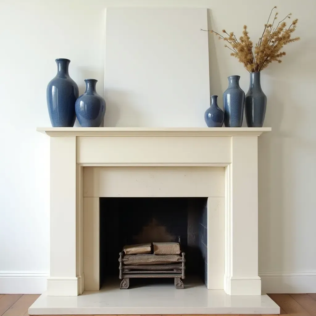 a photo of a cream and blue fireplace mantel decorated with vases and seasonal decor