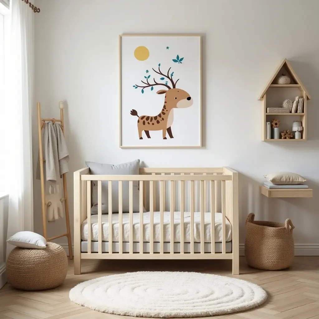 a photo of a nursery with a whimsical animal theme and rustic accents