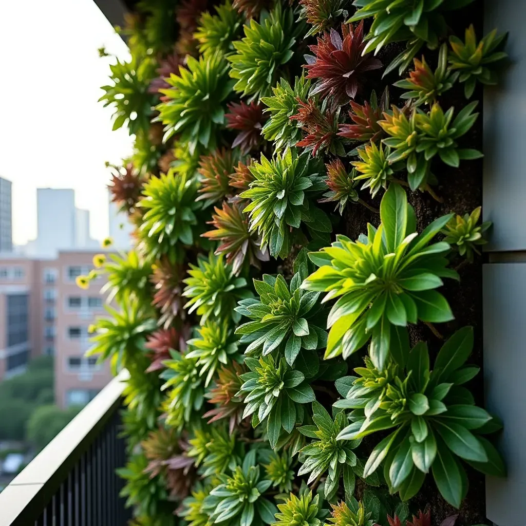 a photo of a vibrant vertical garden on a balcony wall