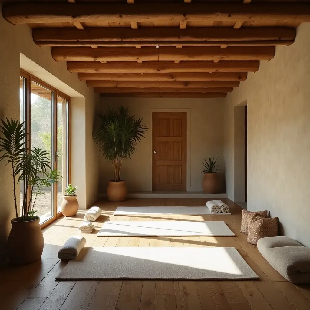 a photo of a serene basement yoga space with natural elements