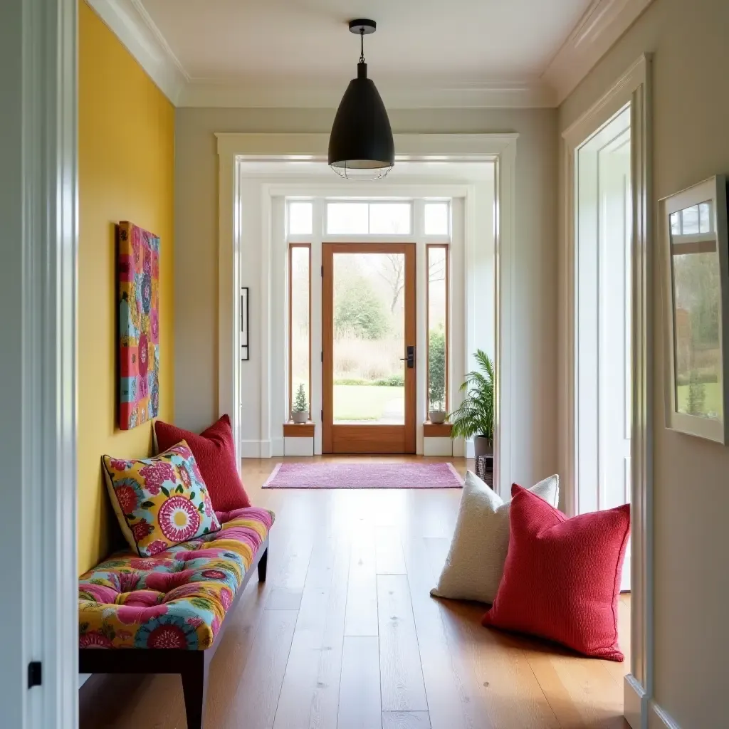 a photo of a vibrant entrance hall with mismatched throw pillows creating a playful atmosphere