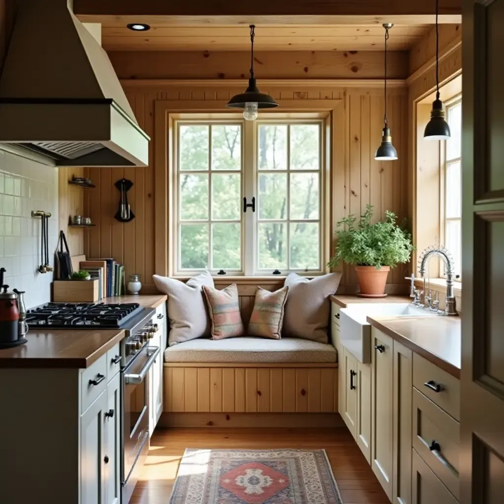 a photo of a kitchen with a cozy nook for reading cookbooks