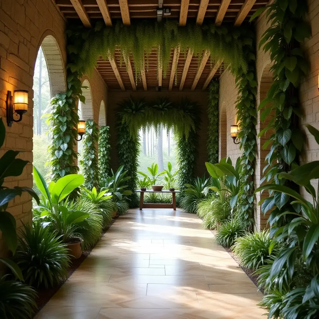 a photo of a corridor with a whimsical plant installation