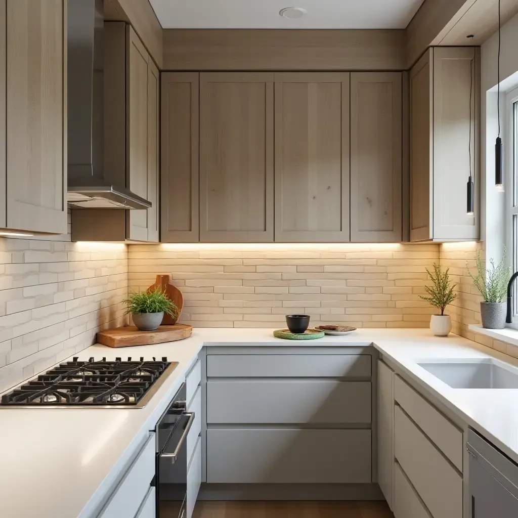 a photo of a layered wood tile backsplash creating texture in a contemporary kitchen