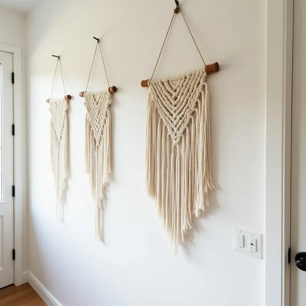 a photo of handmade macrame wall hangings in a corridor