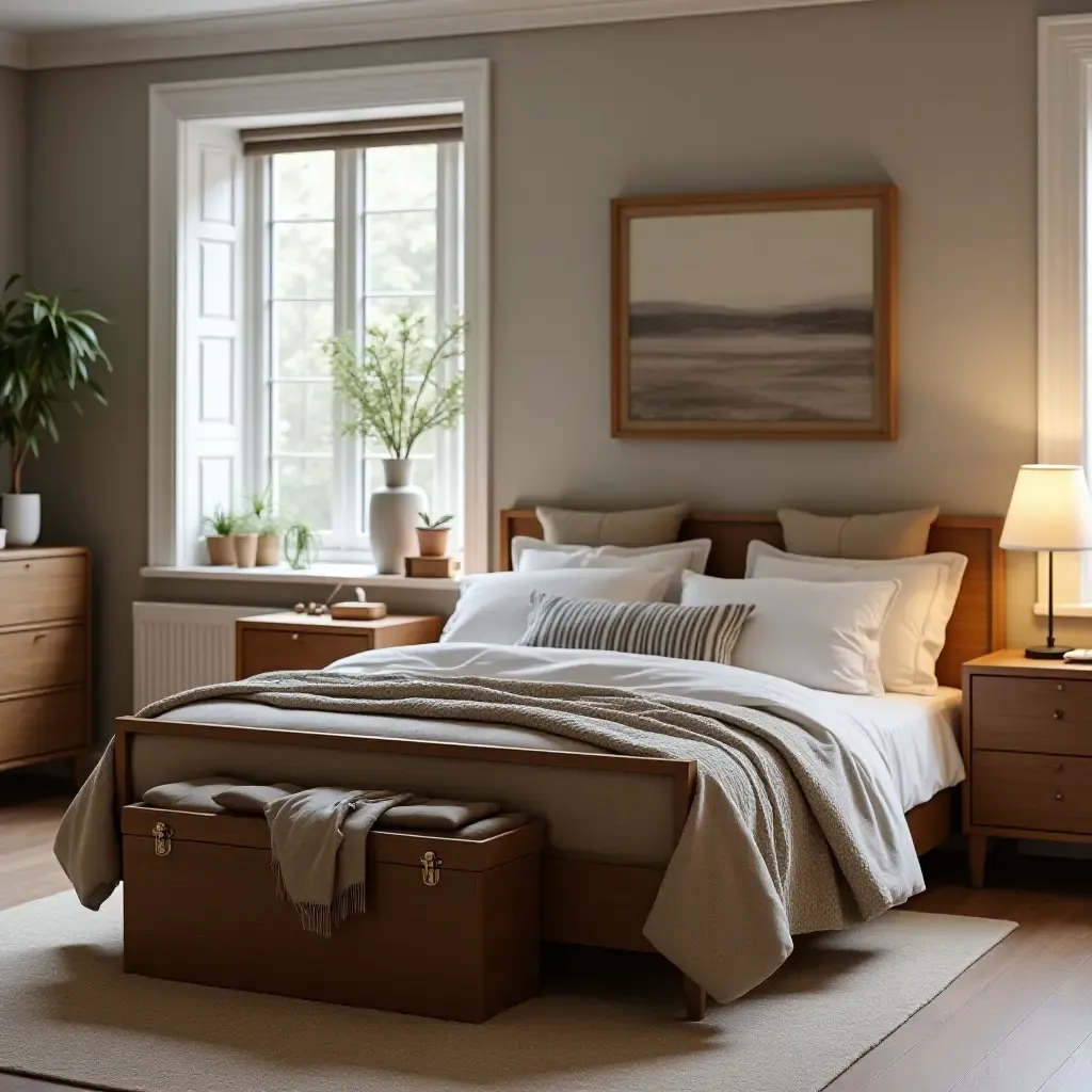 a photo of a cozy bedroom with a stylish trunk for storage