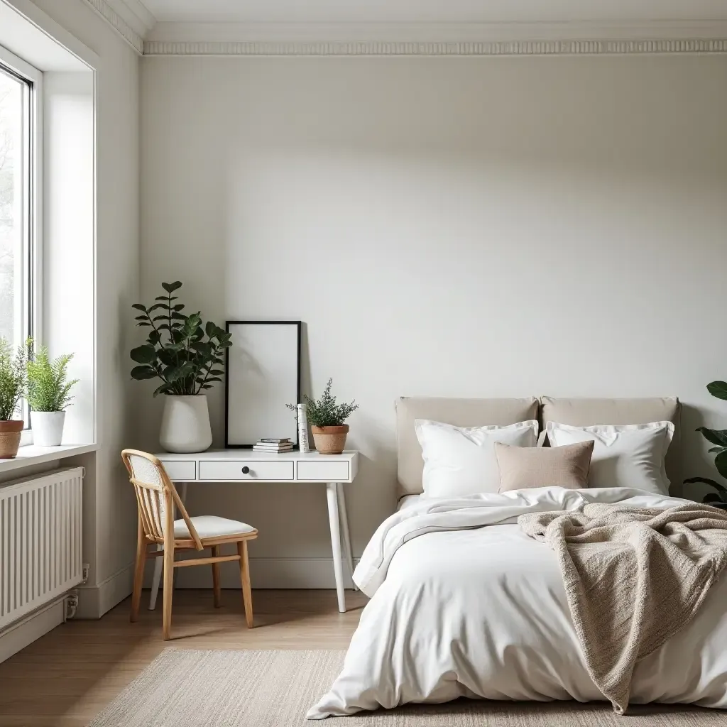 a photo of a spacious Scandinavian-inspired bedroom with a study nook and greenery