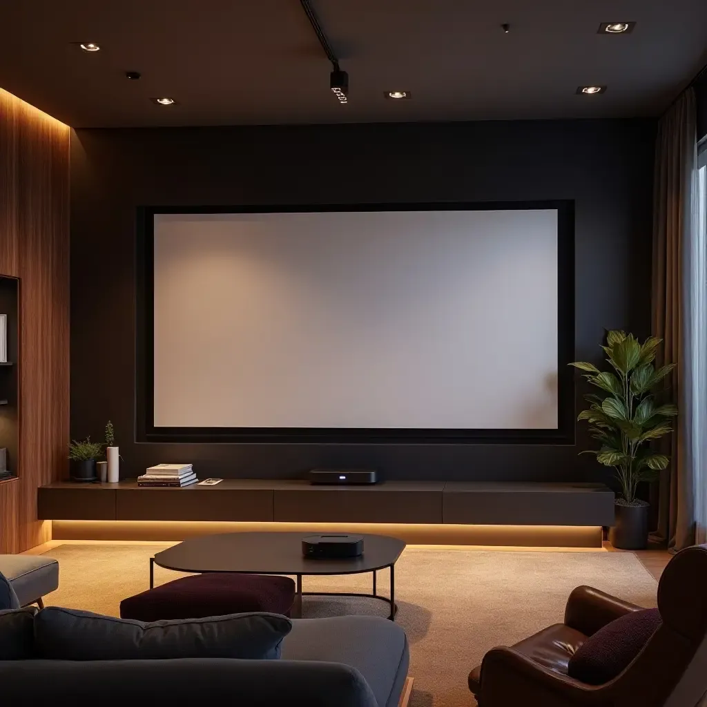 a photo of a tech-savvy TV room featuring a projector and retractable screen