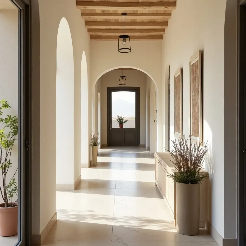 a photo of a bright corridor with a mix of traditional and modern Mediterranean elements