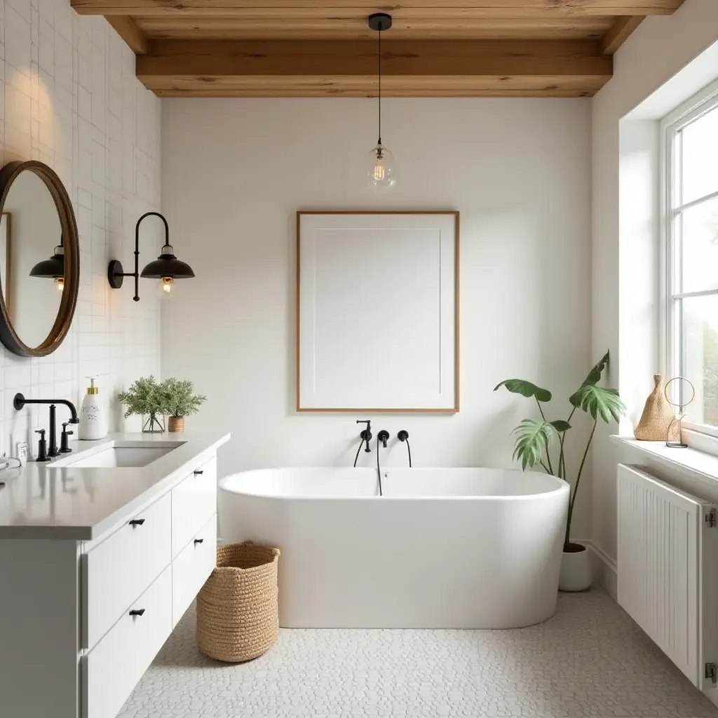 a photo of a bright bathroom with wooden beams and vintage accents