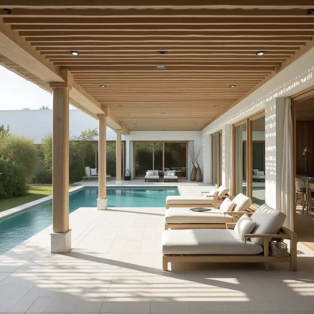 a photo of a spacious poolside area with a wooden pergola and light drapery