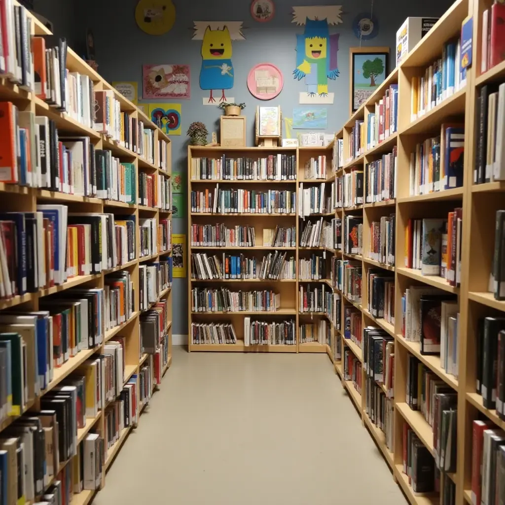 a photo of a library with a gallery of community art projects