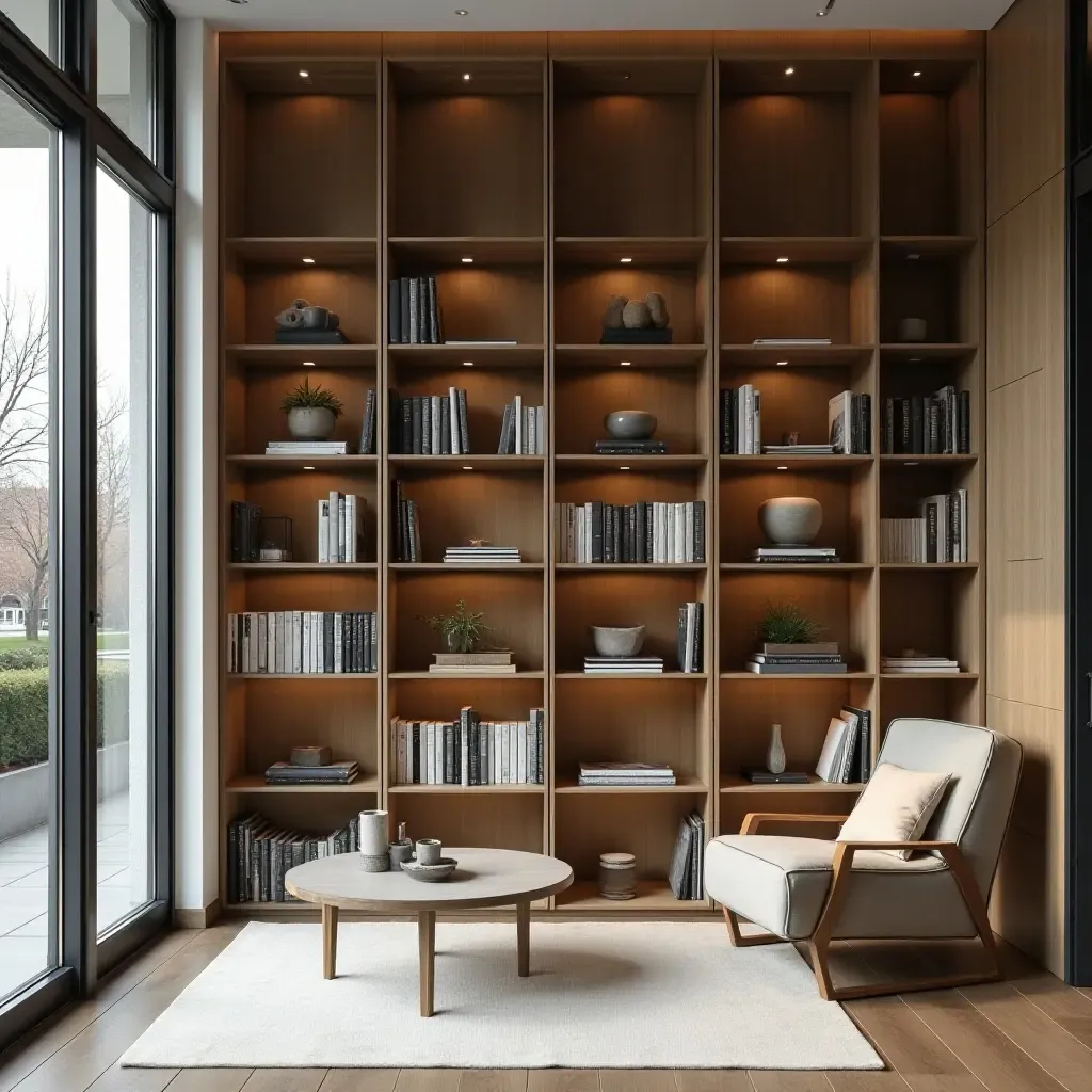 a photo of a contemporary library with modular shelving units