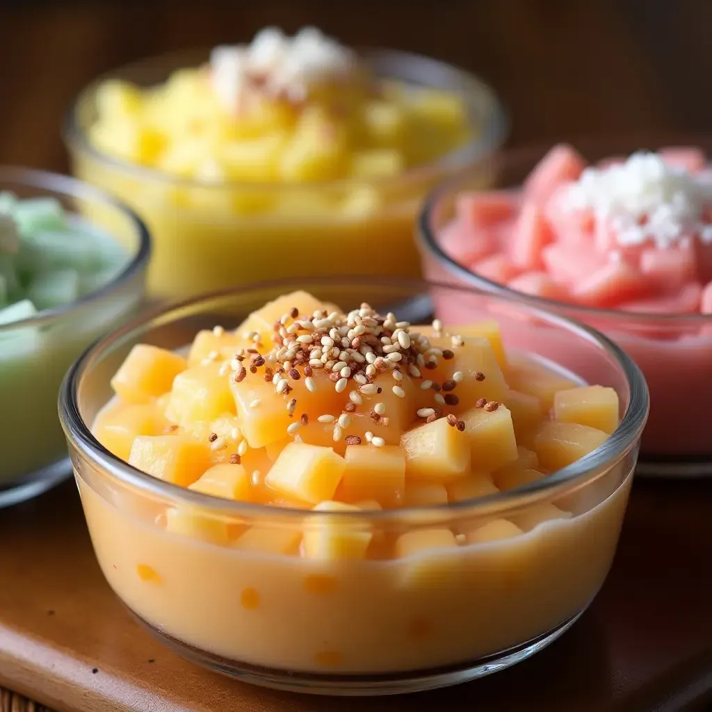 a photo of colorful Vietnamese che desserts in glass bowls, garnished with coconut and sesame seeds.