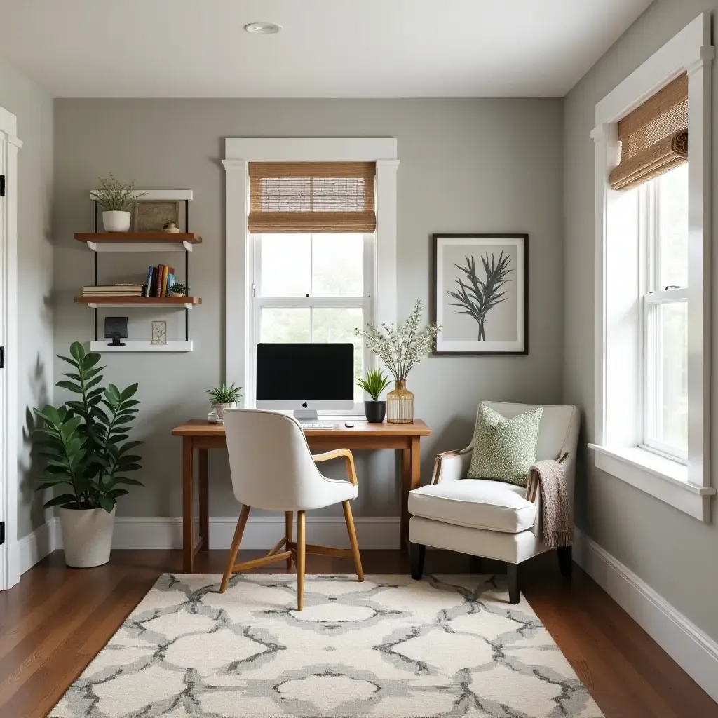 a photo of a basement home office with farmhouse-inspired decor and workspace