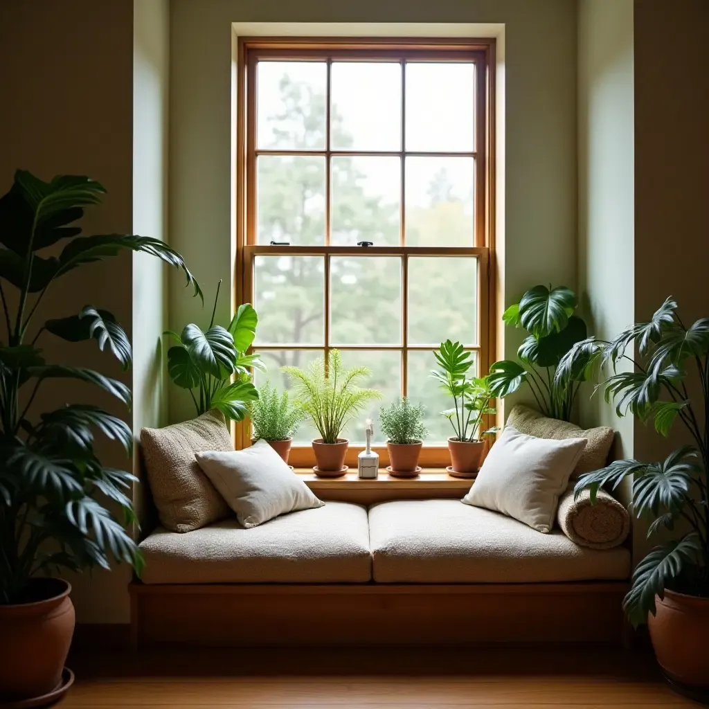 a photo of a reading nook with a cozy window seat and plants