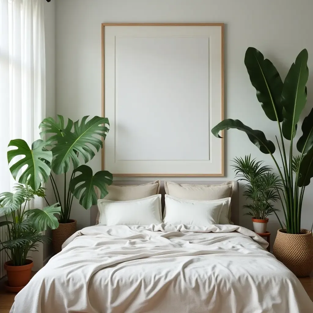 a photo of a bedroom with a mix of artificial and real plants decor