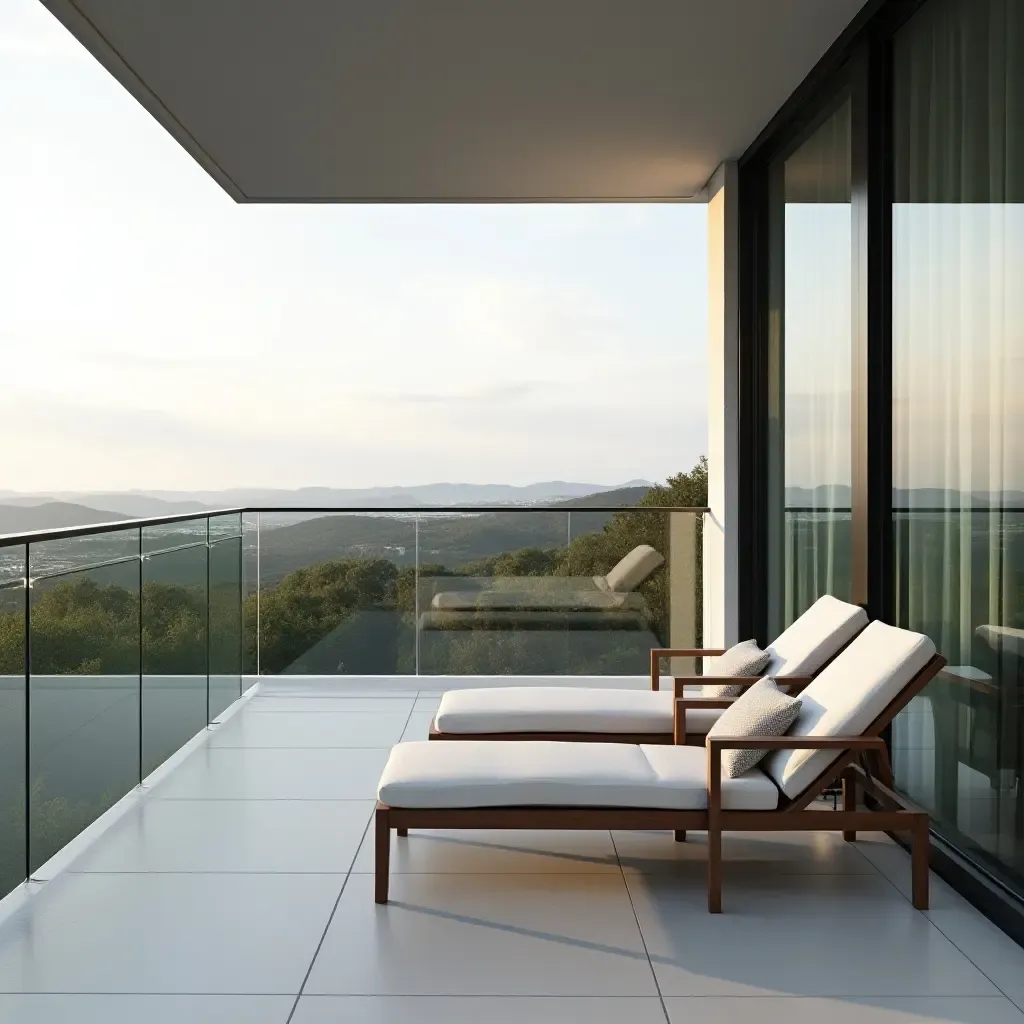 a photo of a chic balcony with a glass railing and contemporary lounge chairs