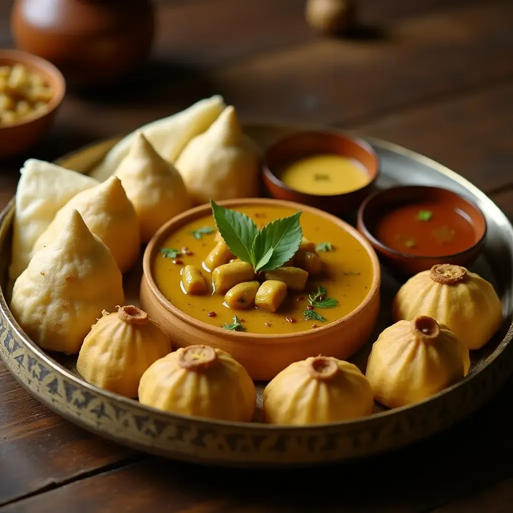 a photo of a traditional Assamese thali with bamboo shoot curry and pithas.