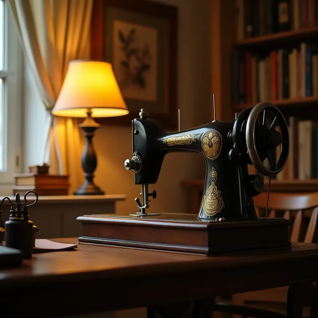 a photo of a vintage sewing machine in a cozy nook