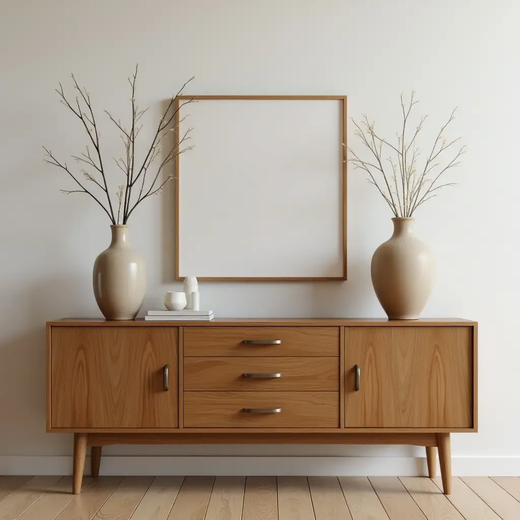 a photo of a wooden side table with decorative items