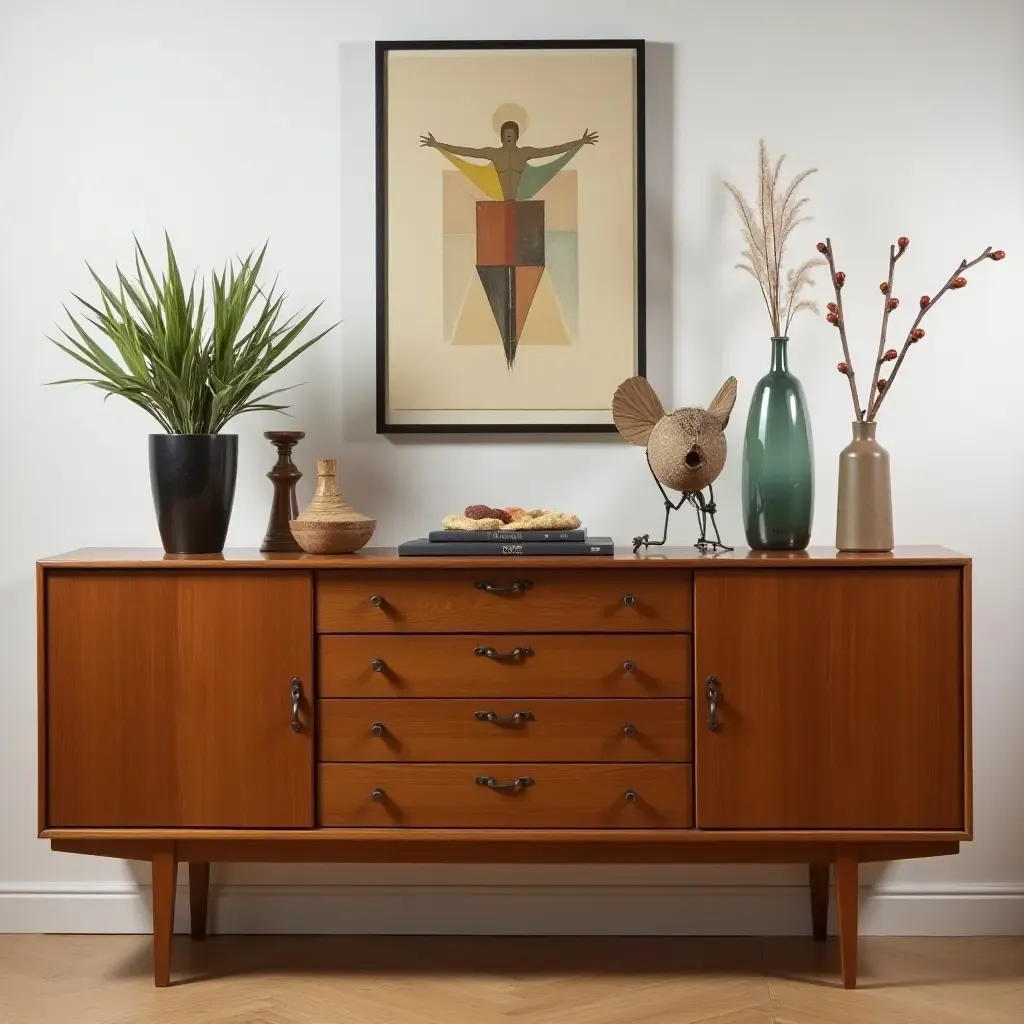 a photo of a retro sideboard adorned with unique trinkets and art