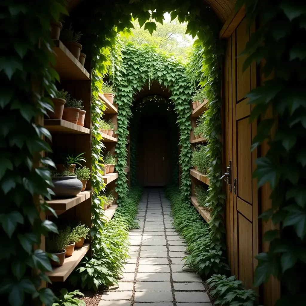 a photo of a narrow corridor with trailing ivy cascading from shelves