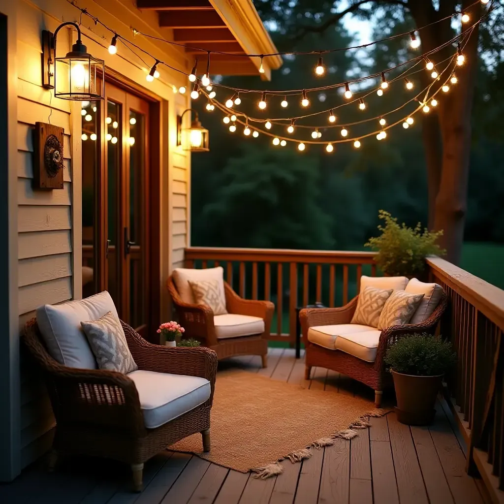 a photo of a farmhouse-style balcony adorned with string lights and wicker furniture