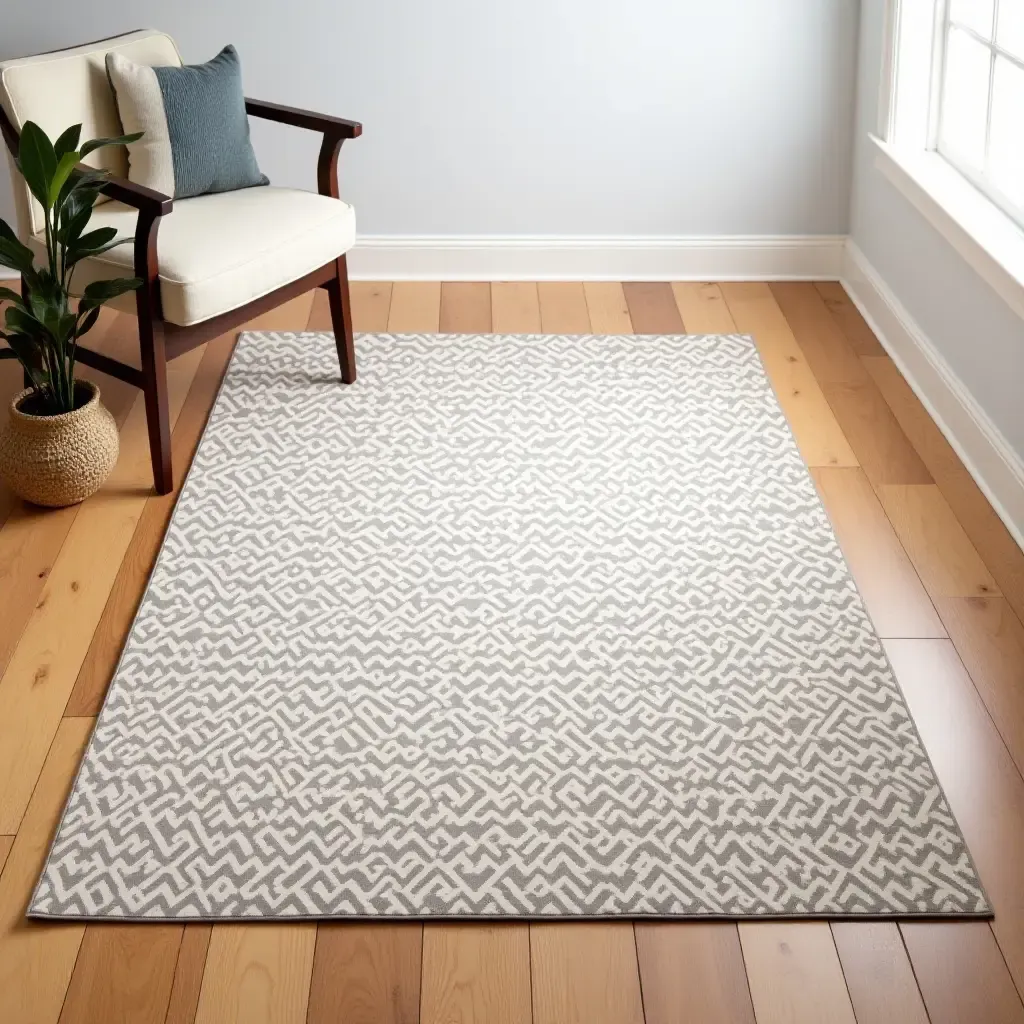 a photo of a stylish rug layered over hardwood floors