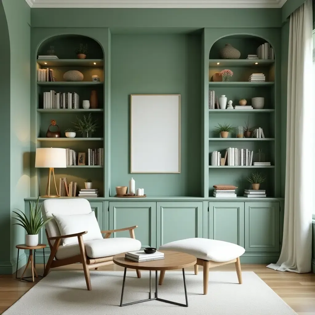 a photo of a calming seafoam green and white library with airy decor