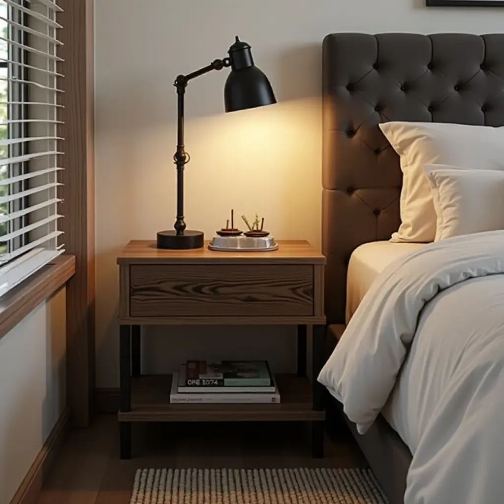 a photo of a bedside table with vintage industrial decor