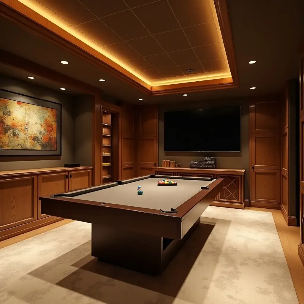 a photo of a basement game room with wooden accents